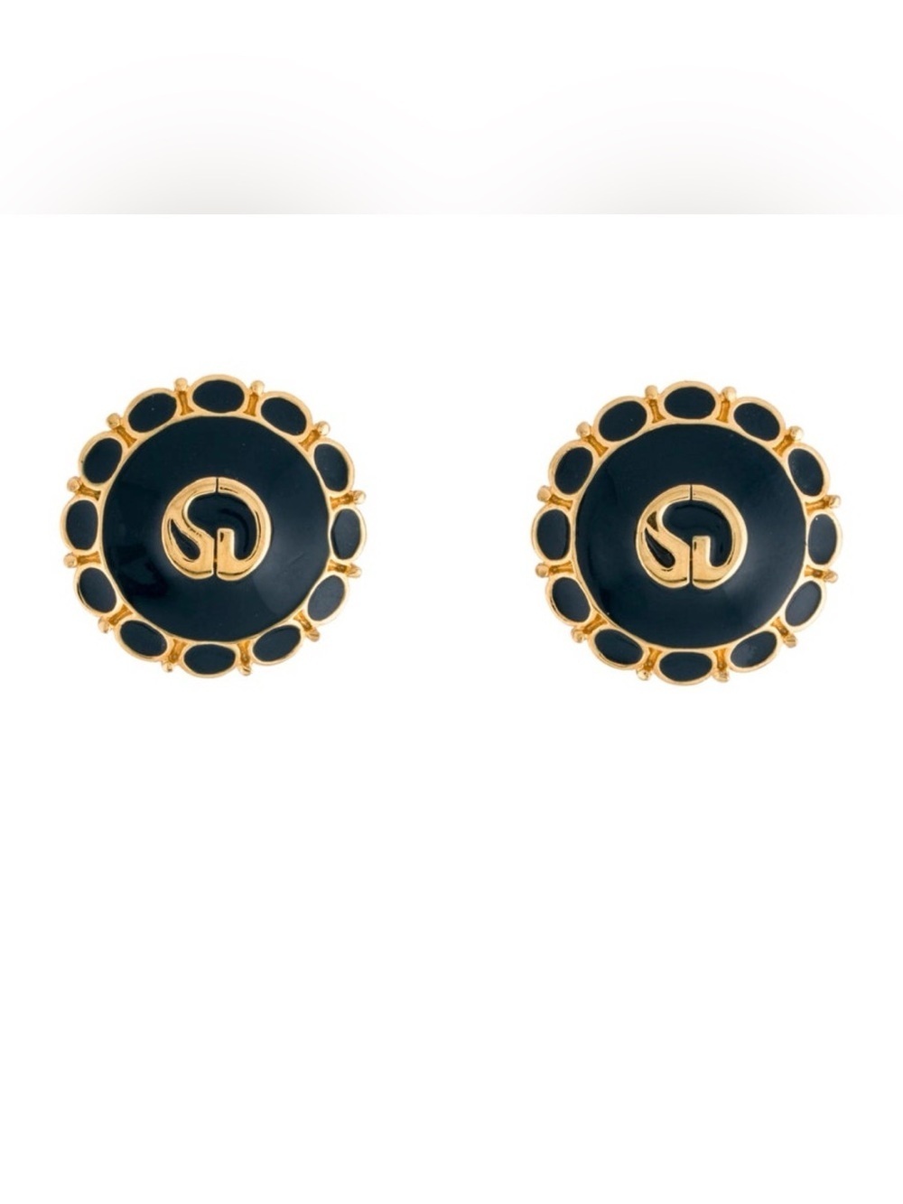 St. John Gold-Tone and Black Logo Button Stud Earrings